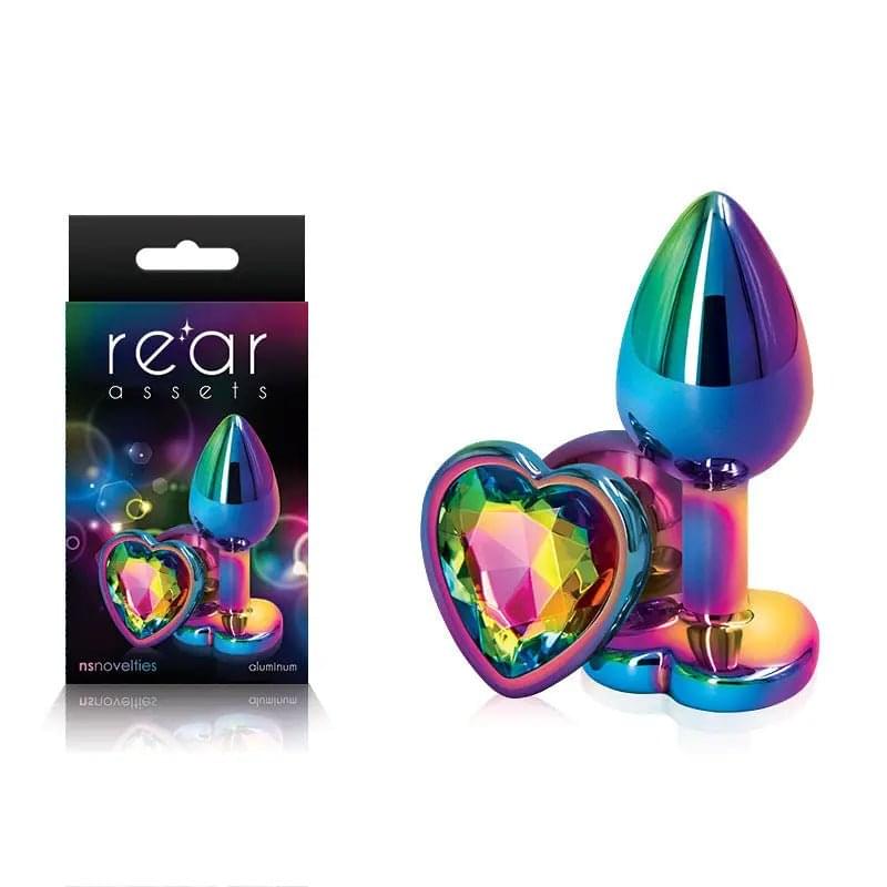 Rear Assets Multi  Heart - Multi  Small Metal Butt Plug with Rainbow Heart Gem Base NS Novelties Discreet Intimate Essentials.