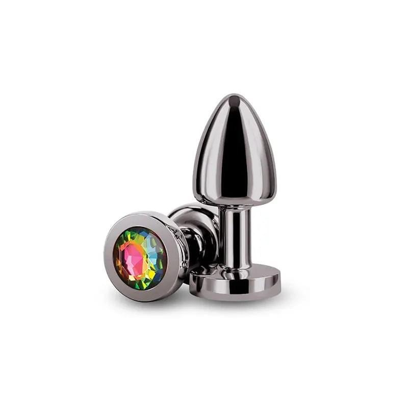 Rear Assets Petite - Gunmetal with Rainbow Gem - Gunmetal 6 cm Metal Butt Plug with Rainbow Round Gem Base NS Novelties Discreet Intimate Essentials.