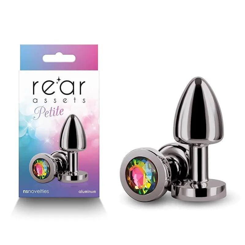 Rear Assets Petite - Gunmetal with Rainbow Gem - Gunmetal 6 cm Metal Butt Plug with Rainbow Round Gem Base NS Novelties Discreet Intimate Essentials.