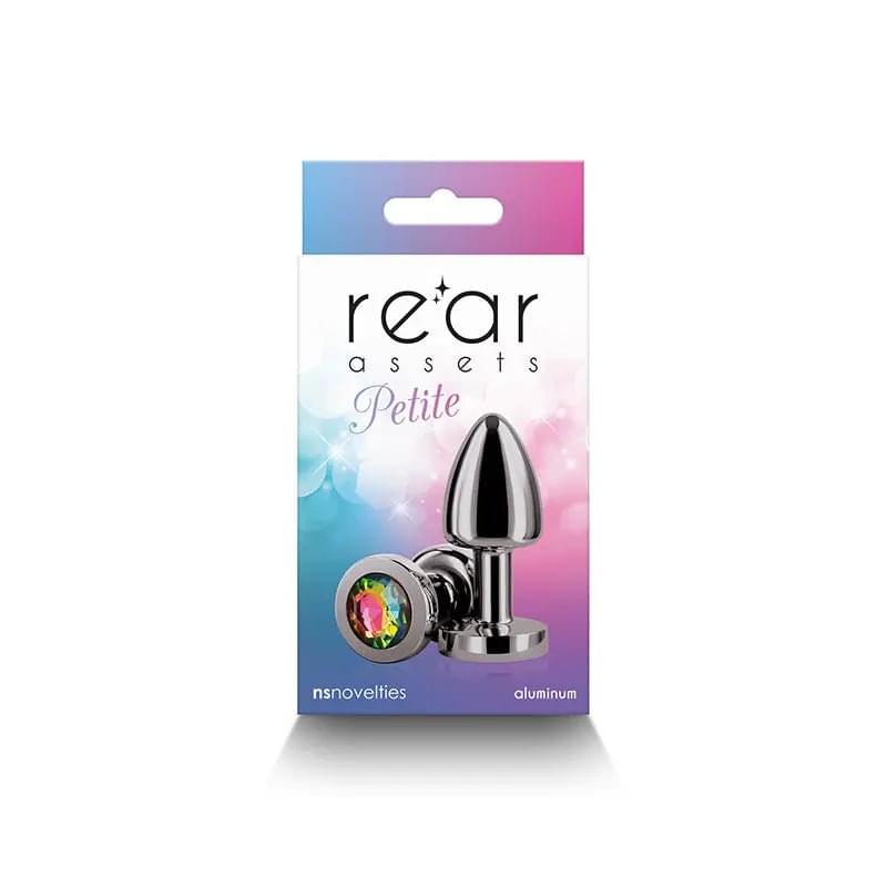 Rear Assets Petite - Gunmetal with Rainbow Gem - Gunmetal 6 cm Metal Butt Plug with Rainbow Round Gem Base NS Novelties Discreet Intimate Essentials.