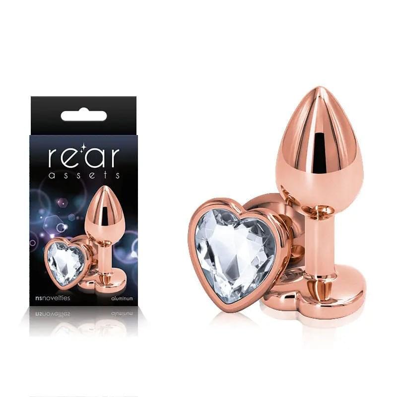 Rear Assets Rose Gold Heart Small - Rose Gold Small Metal Butt Plug with Clear Heart Gem Base NS Novelties Discreet Intimate Essentials.