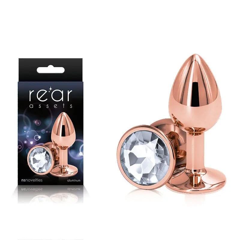 Rear Assets Rose Gold Small - Rose Gold Small Metal Butt Plug with Clear Gem Base NS Novelties Discreet Intimate Essentials.