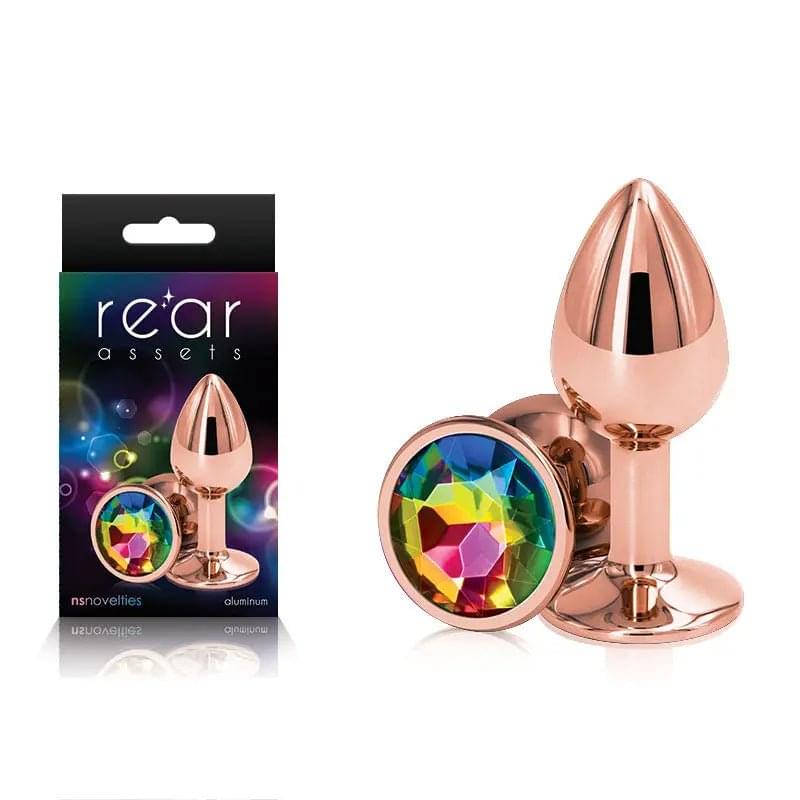 Rear Assets Rose Gold Small - Rose Gold Small Metal Butt Plug with Rainbow Gem Base NS Novelties Discreet Intimate Essentials.