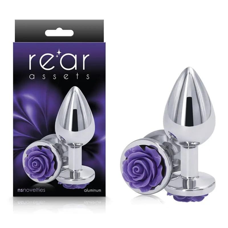 Rear Assets Rose - Medium -  8.9 cm Metal Butt Plug with Purple Rose Base NS Novelties Discreet Intimate Essentials.