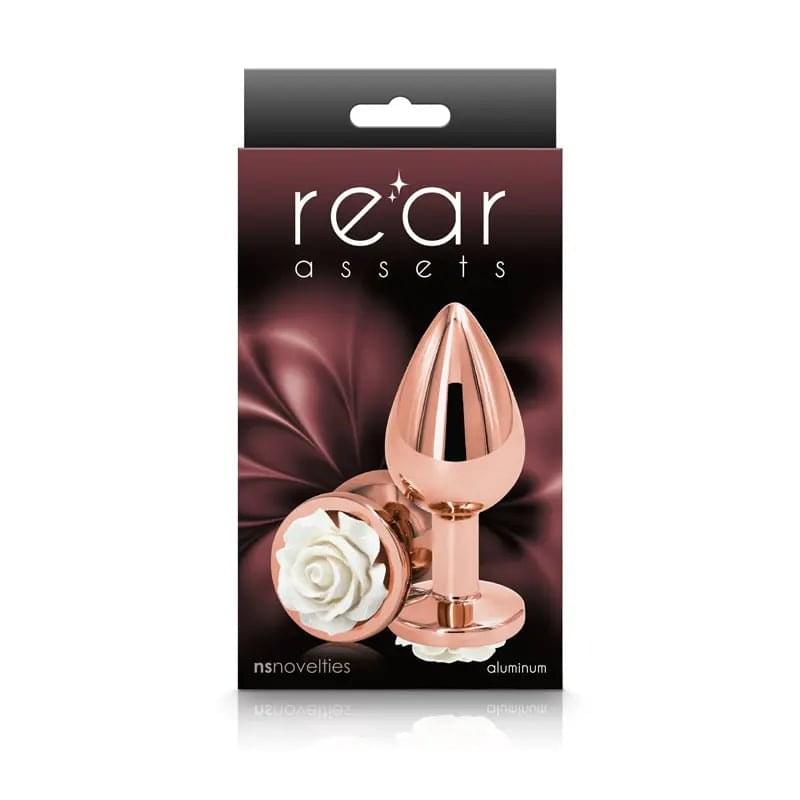 Rear Assets Rose - Medium -  8.9 cm Metal Butt Plug with White Rose Base NS Novelties Discreet Intimate Essentials.