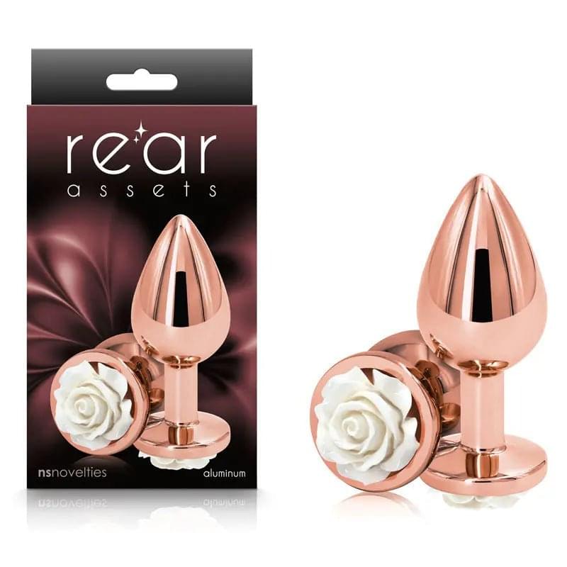 Rear Assets Rose - Medium -  8.9 cm Metal Butt Plug with White Rose Base NS Novelties Discreet Intimate Essentials.