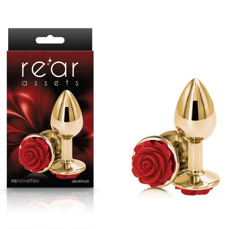 Rear Assets Rose - Small - Gold 7.6 cm Metal Butt Plug with Red Rose Base NS Novelties Discreet Intimate Essentials.