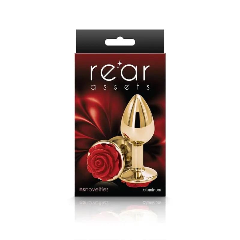 Rear Assets Rose - Small - Gold 7.6 cm Metal Butt Plug with Red Rose Base NS Novelties Discreet Intimate Essentials.