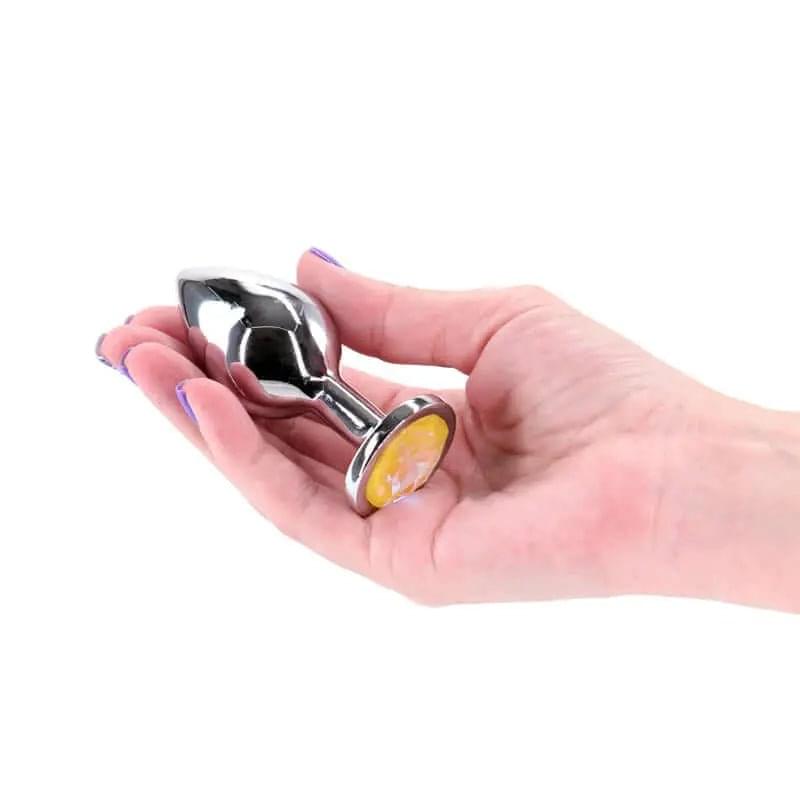 Rear Assets Silver - Medium - Yellow Gem - Silver Medium Metal Butt Plug with Yellow Gem Base NS Novelties Discreet Intimate Essentials.