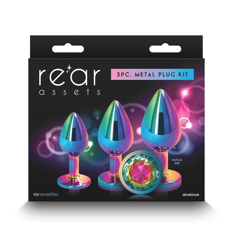 Rear Assets Trainer Kit - Multicolour - Rainbow - Multi  Metallic Butt Plugs with Rainbow Gems - Set of 3 Sizes NS Novelties Discreet Intimate Essentials.