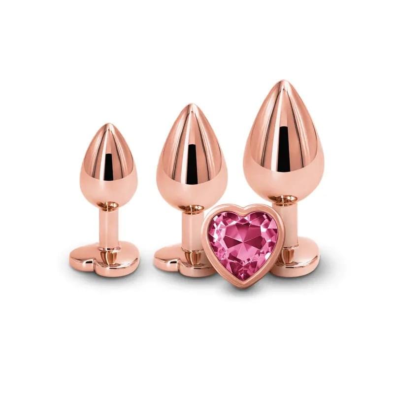 Rear Assets Trainer Kit -  - Pink Heart -  Metallic Butt Plugs with Pink Hearts - Set of 3 Sizes NS Novelties Discreet Intimate Essentials.