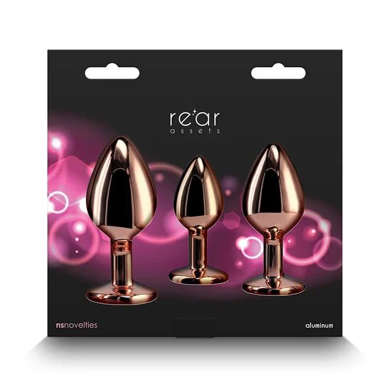 Rear Assets Trainer Kit -  - Pink Heart -  Metallic Butt Plugs with Pink Hearts - Set of 3 Sizes NS Novelties Discreet Intimate Essentials.