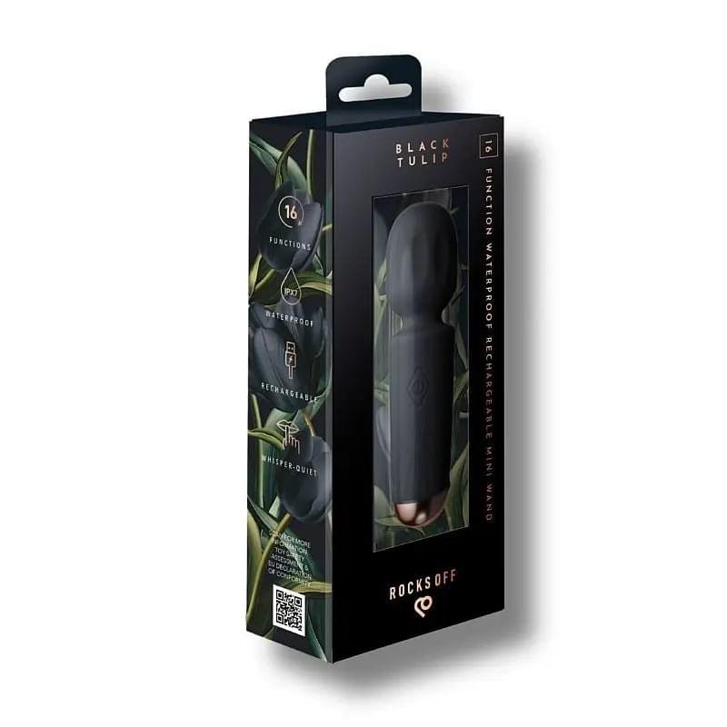 Rechargeable 16 Mode Silicone Mini Wand Black Tulip Rocks Off Discreet Intimate Essentials.