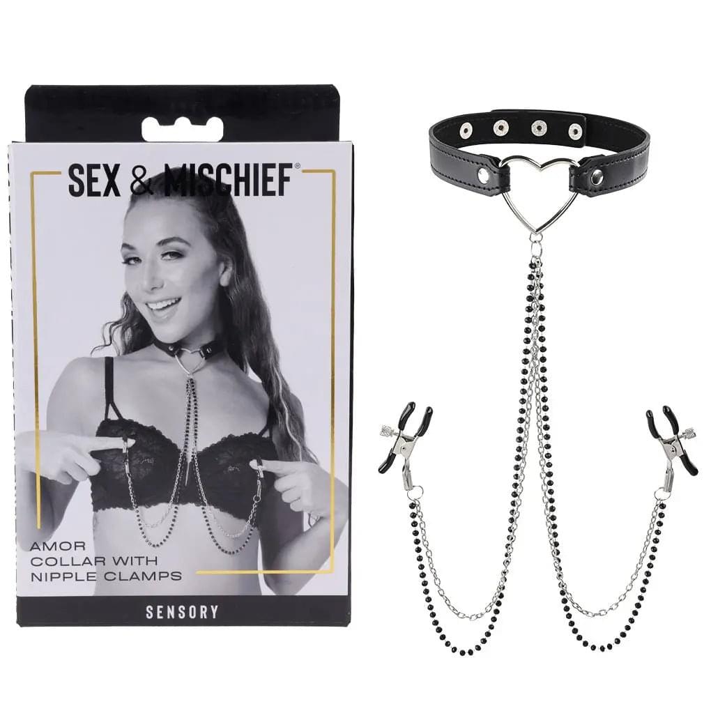 Sex & Mischief Amor Collar with Nipple Clamps - Metal Restraints Sportsheets Discreet Intimate Essentials.