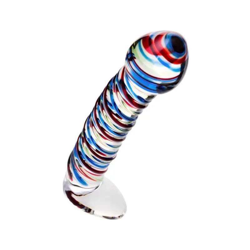 Sexus Glass Dildo Stripes w Base Blue/Red 16cm Sexus Glass Discreet Intimate Essentials.