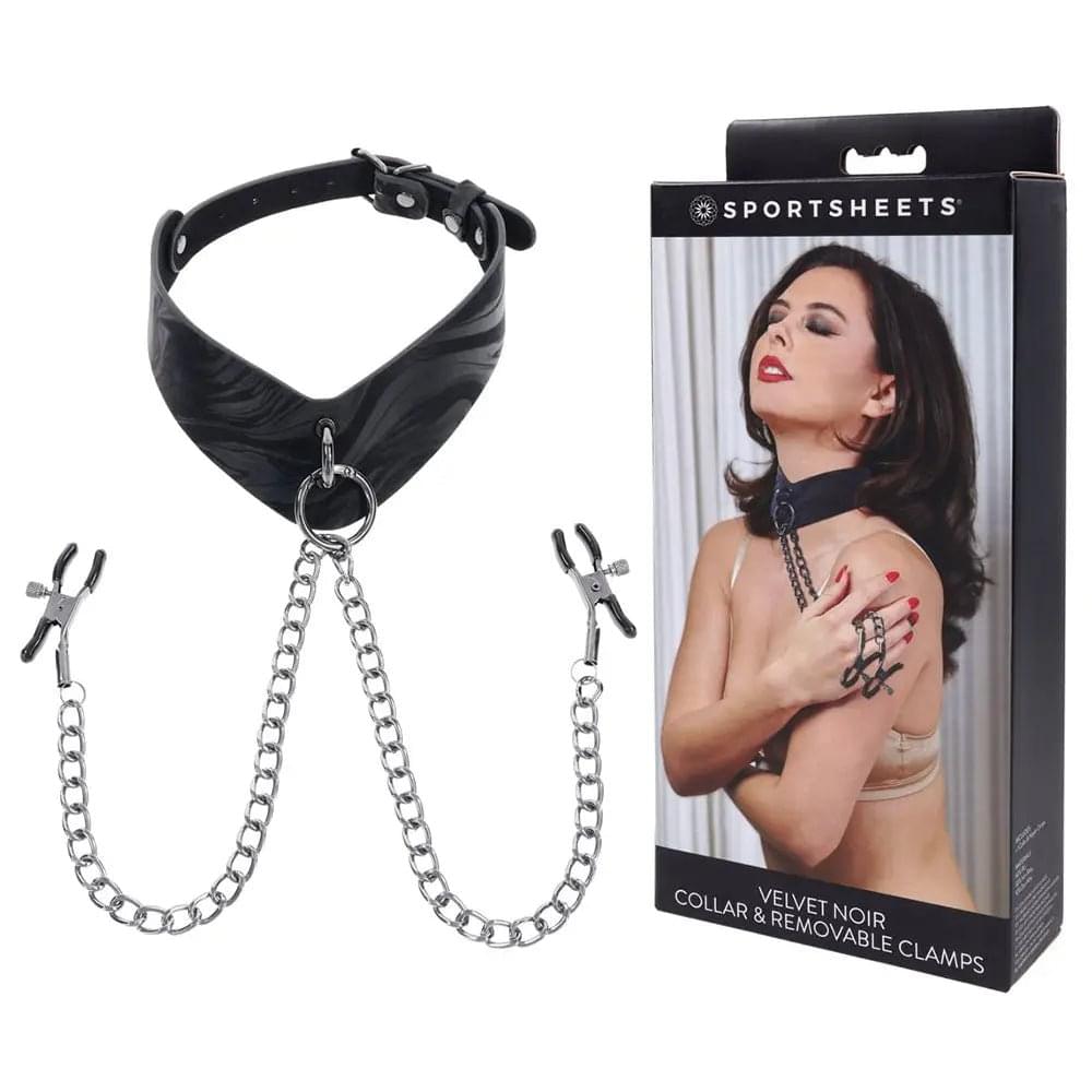 SPORTSHEETS Velvet Noir Collar & Removable Clamps -  Neck & Nipple Restraints Sportsheets Discreet Intimate Essentials.