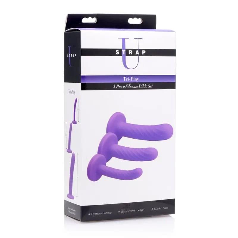 Tri-Play 3 Pc Purple Silicone Dildo Set Strap U Discreet Intimate Essentials.
