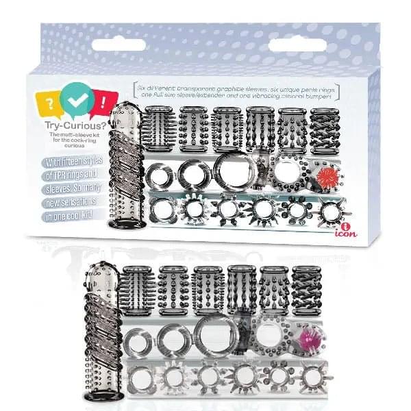 Try-Curious Cock Ring & Sleeve Set - Clear - 15 Piece Set Icon Brands Discreet Intimate Essentials.