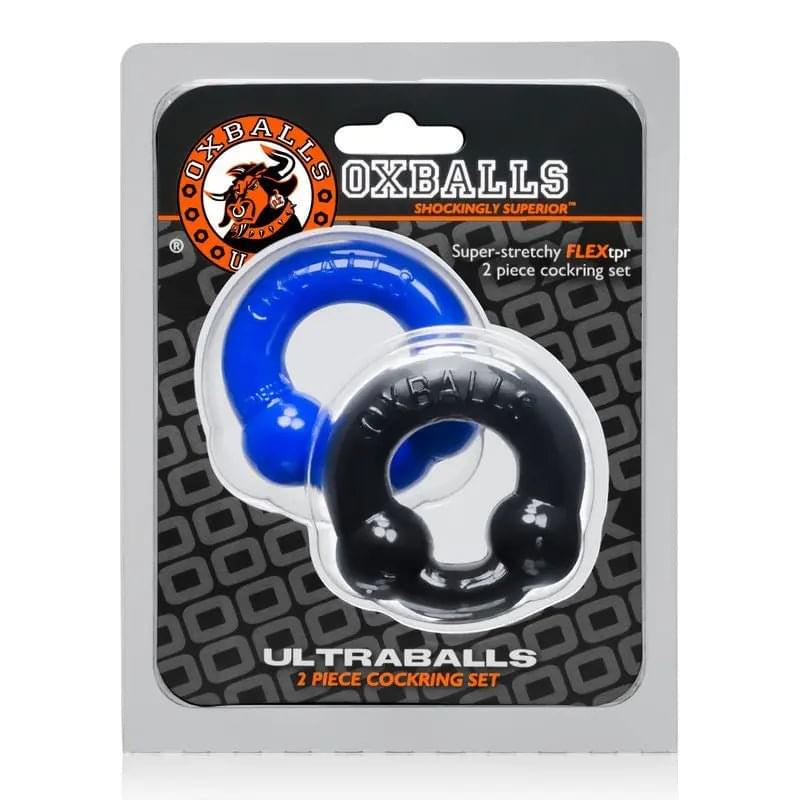 Ultraballs 2 Pk Cockring Black And Pool Blue OxBalls Discreet Intimate Essentials.