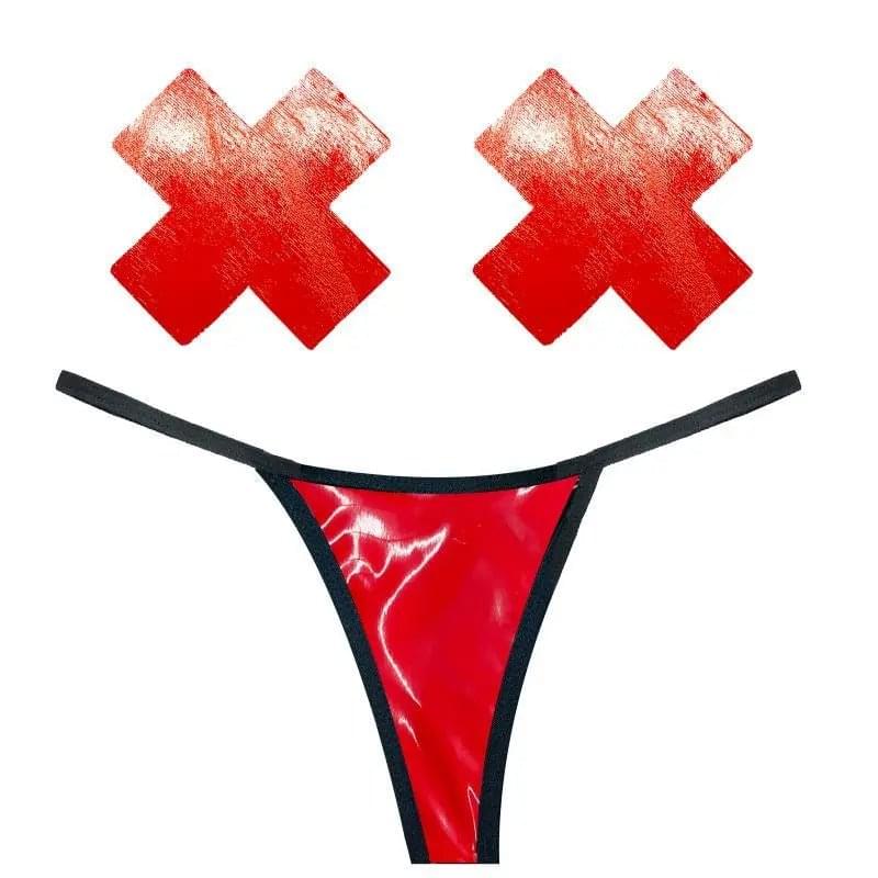Vixen Red Wet Vinyl Pastie and G-String Set Neva Nude Discreet Intimate Essentials.